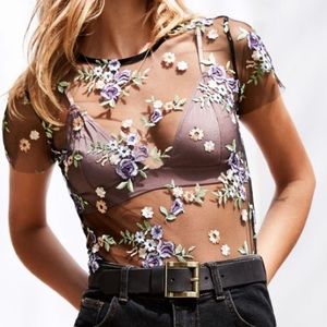Urban Outfitters Embroidered Floral Mesh Tee XS
